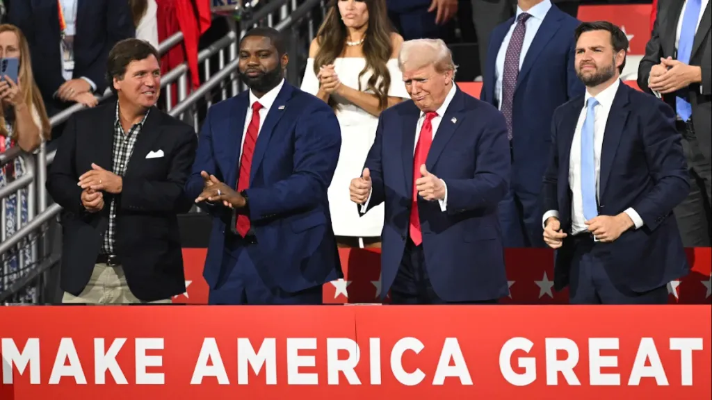 Tucker Carlson, Byron Donalds, Donald Trump and JD Vance (R-OH) at the Republican National Convention on July 15, 2024 in Milwaukee, Wisconsin.(Photo by Leon Neal/Getty Images)