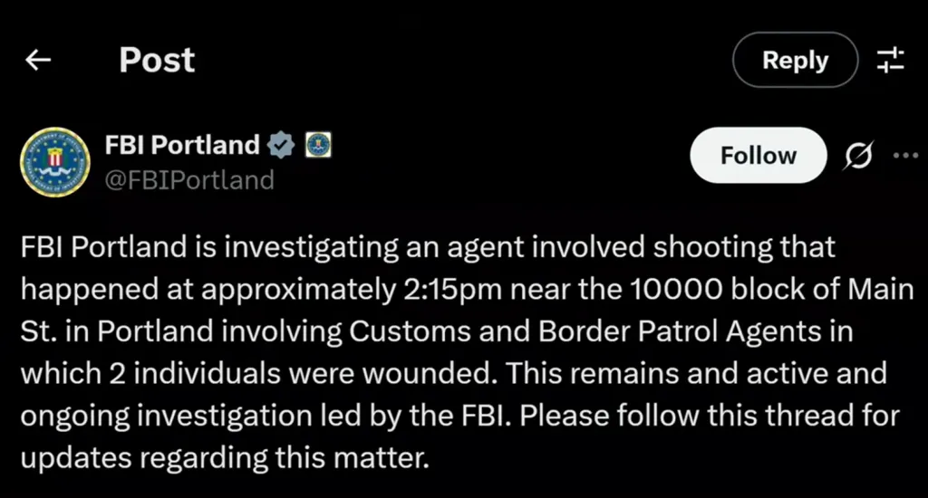 A social media post from FBI Portland about an agent-involved shooting.