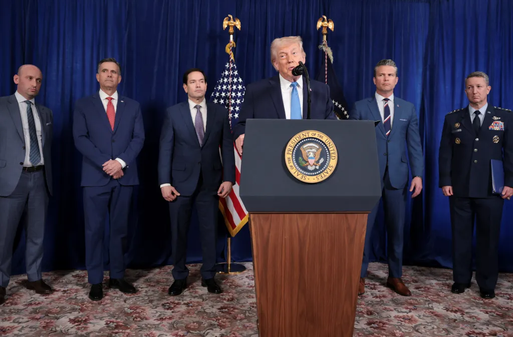 President Trump holds a press conference alongside Stephen Miller, John Ratcliffe, Marco Rubio, Pete Hegseth, and General Dan Caine.