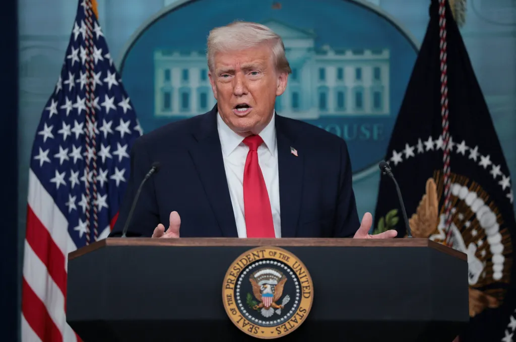 Donald Trump speaking at a press briefing at the White House.