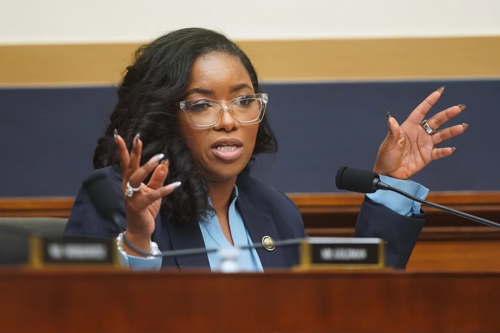 U.S. Rep. Jasmine Crockett speaking at a House Judiciary Committee hearing.