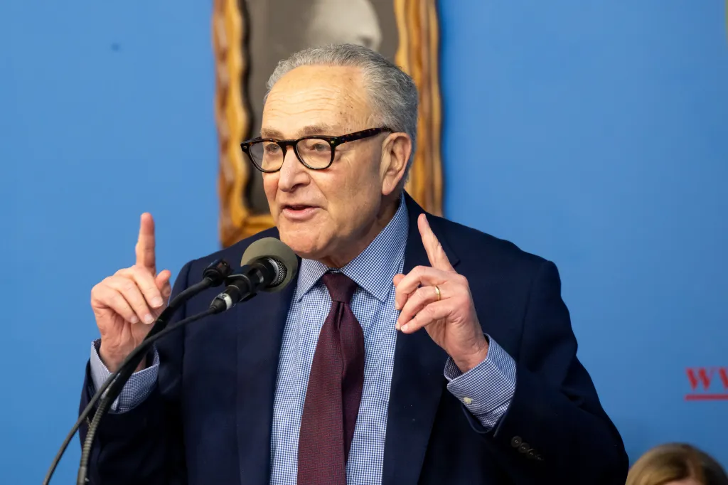 Senate Minority Leader Chuck Schumer speaks during a Martin Luther King Jr. Day event in Harlem, NY, on Jan. 19, 2026.