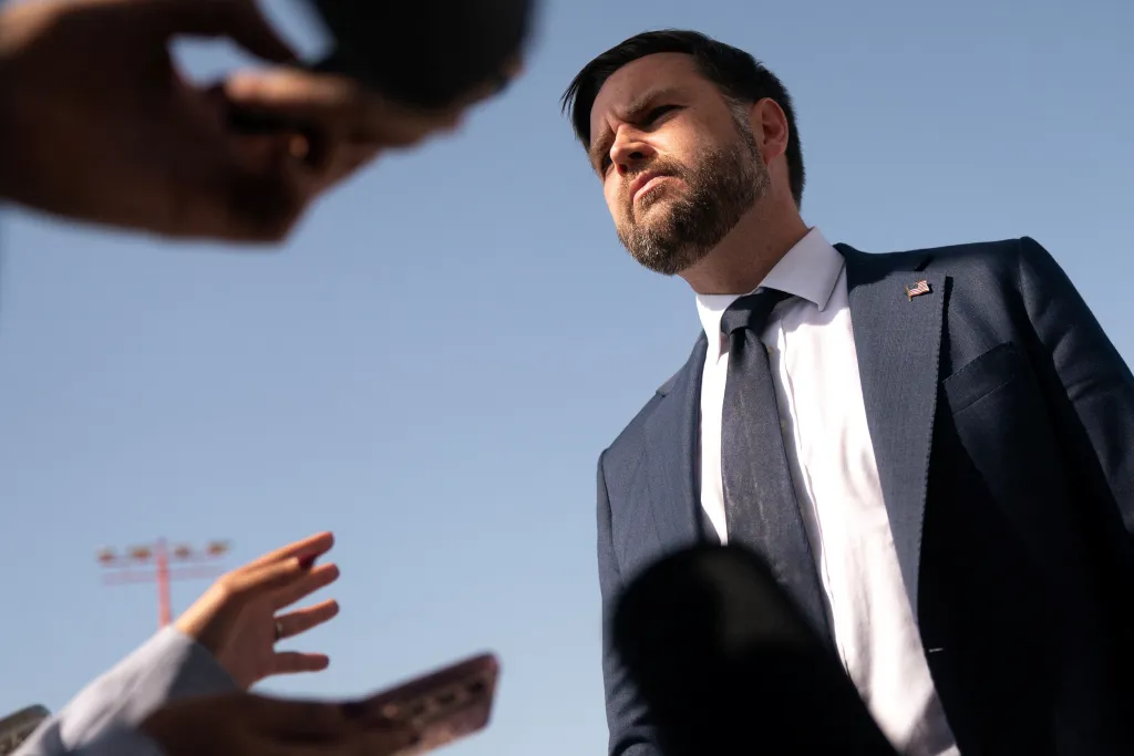 U.S. Vice President Vance speaks to members of the media at Ben Gurion Airport in Tel Aviv.
