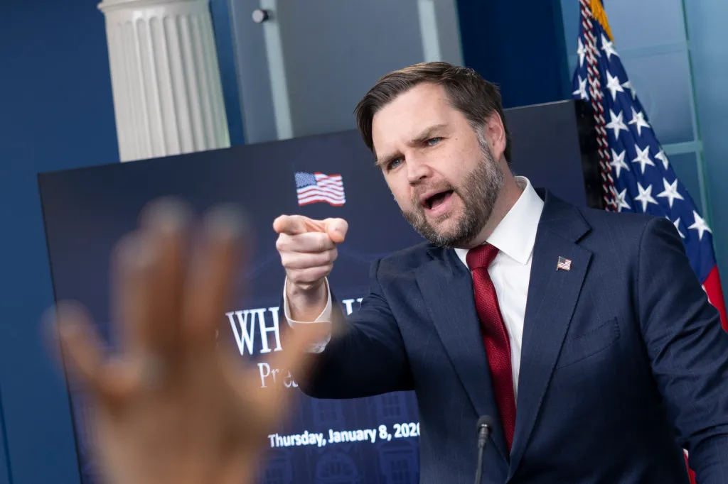 JD Vance speaking at a White House press briefing.