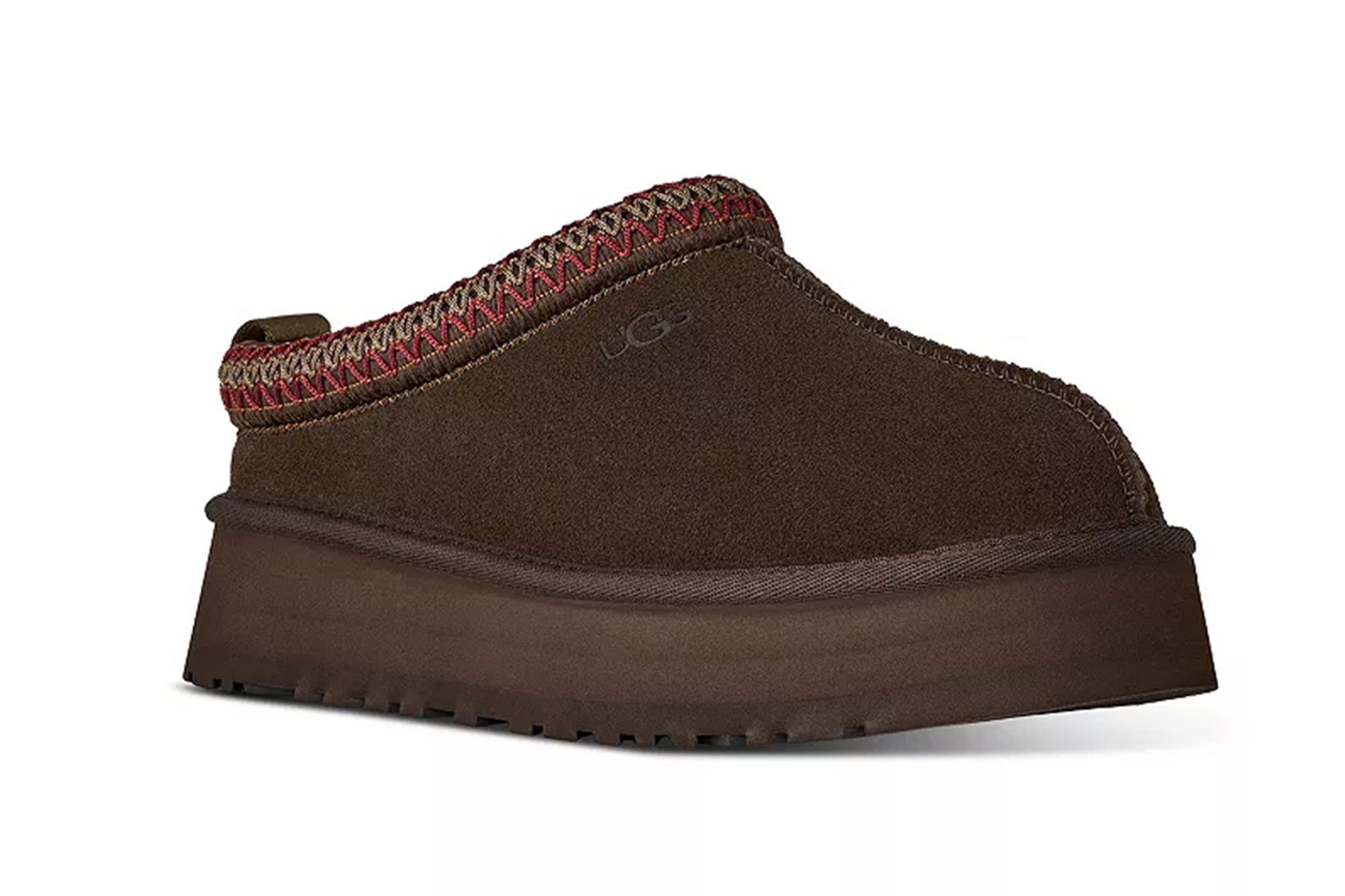 UGG Tasman Slipper in brown with a red and beige braided collar.
