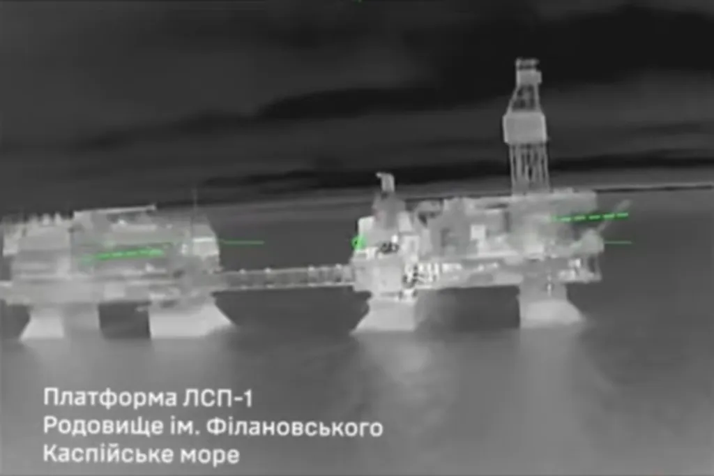 Infrared image of a Russian oil drilling platform in the Caspian Sea.