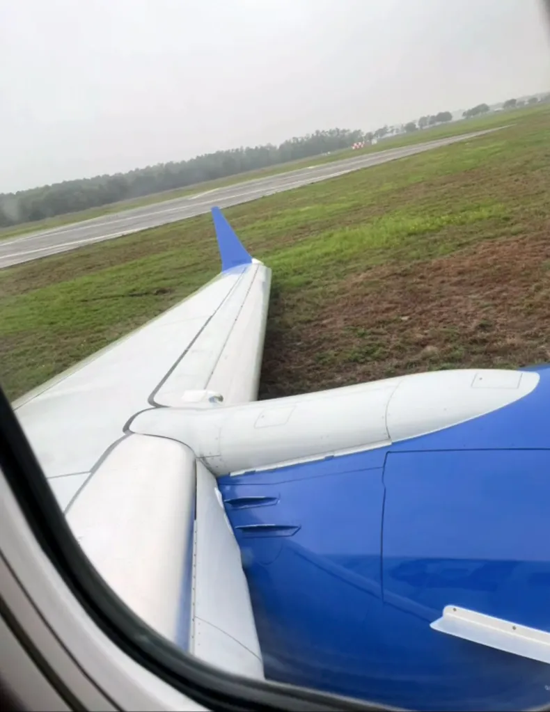 A United Airlines plane tilting on the grass next to a runway after rolling off the tarmac.
