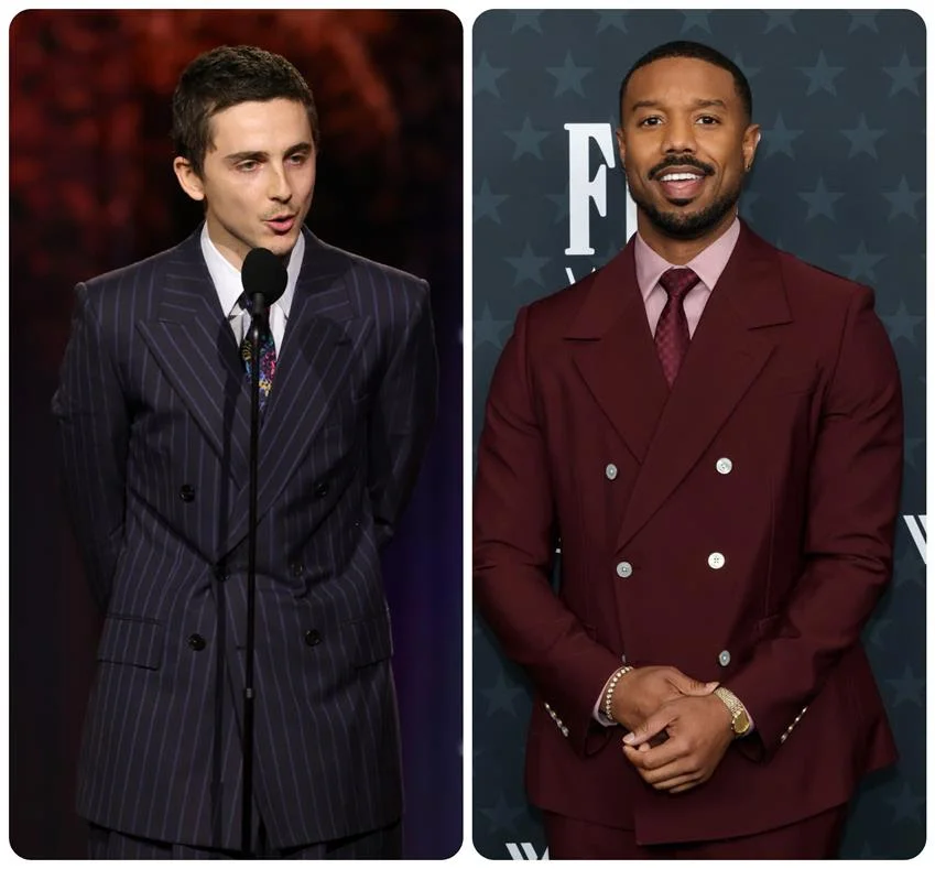 Timothée Chalamet and Michael B. Jordan wear double-breasted suits at the 31st Annual Critics Choice Awards at Barker Hangar on Jan. 4, 2026 in Santa Monica, California. Source: Getty