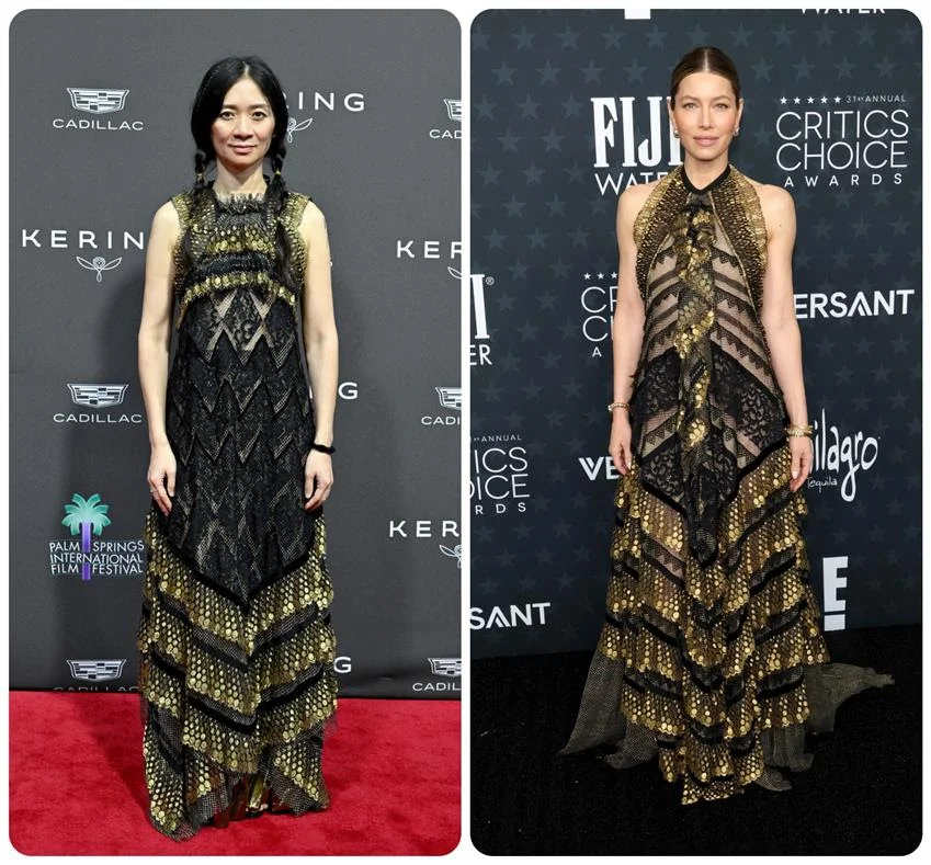 Chloé Zhao and Jessica Biel wear Lanvin Fall 2025. Source: Getty