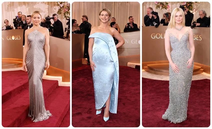 Kate Hudson wears Armani Privé; Jessie Buckley wears Dior and Elle Fanning wears Gucci. Source: Getty