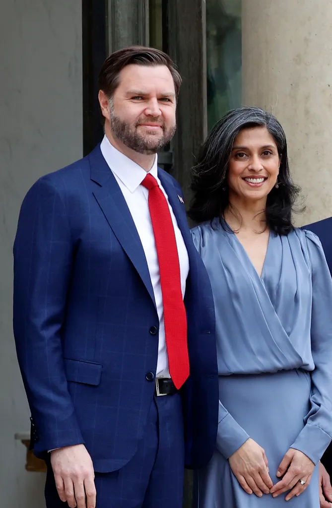 US Vice-President James David Vance his wife Usha Vance pose before a working lunch with French President, Emmanuel Macron and his wife Brigitte Macron on the sidelines of the Artificial Intelligence (AI) Action Summit at Elysee Palace on February 11, 2025 in Paris, France.