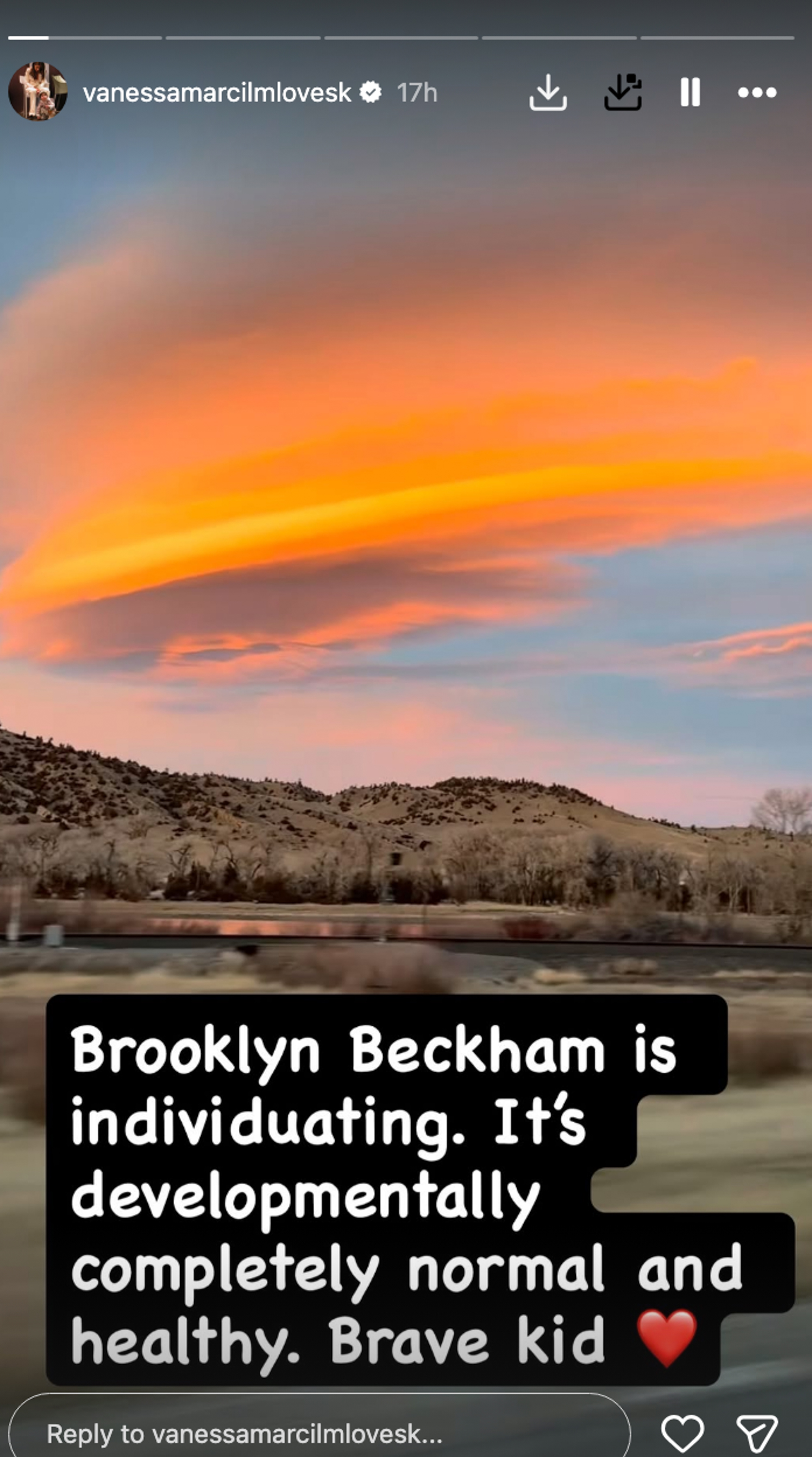 Vanessa Marcil's Instagram story, with a quote about Brooklyn Beckham over a sunset landscape.