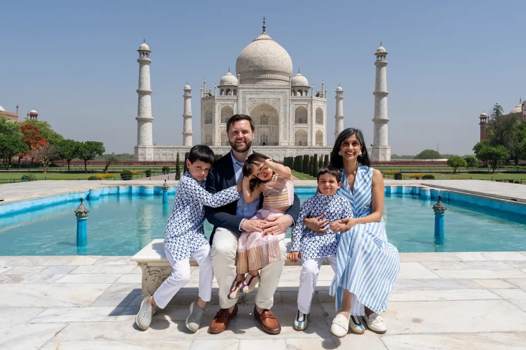 JD Vance and his wife Usha Vance with their three children in front of the Taj Mahal.