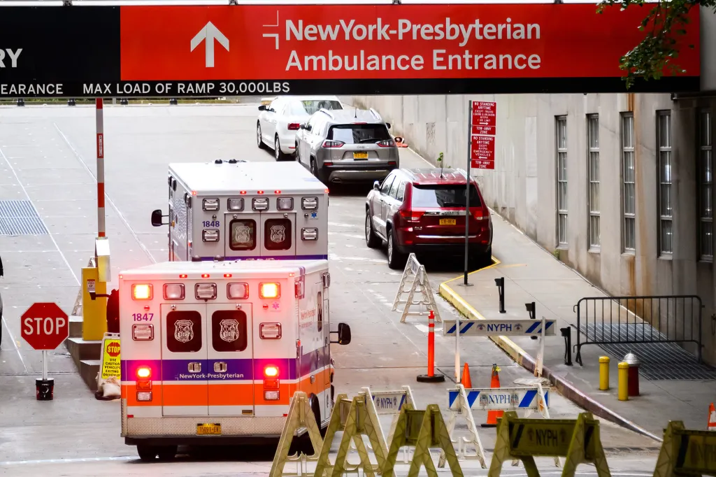 An ambulance waiting at the NewYork-Presbyterian Hospital ambulance entrance.
