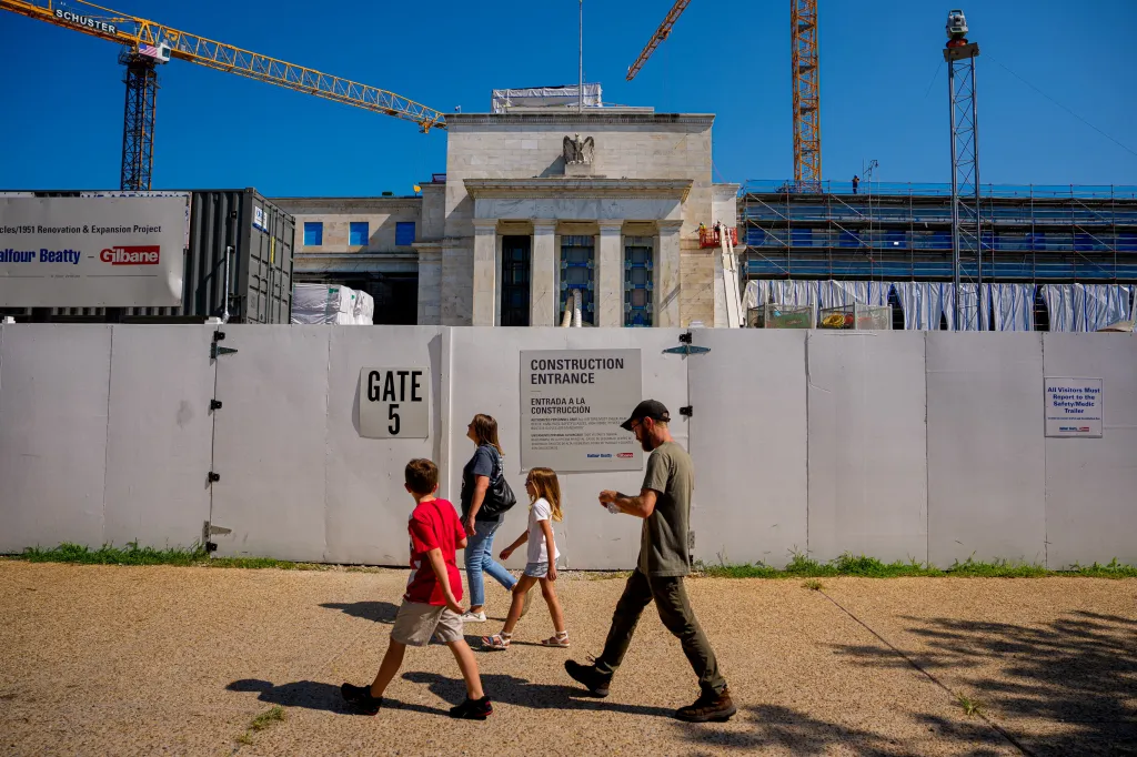 A view shows the front facade of the Marriner S. Eccles Federal Reserve Board Building as a massive renovation continues on the building and the 1951 Constitution Avenue Building, in Washington, D.C., U.S., July 24, 2025.