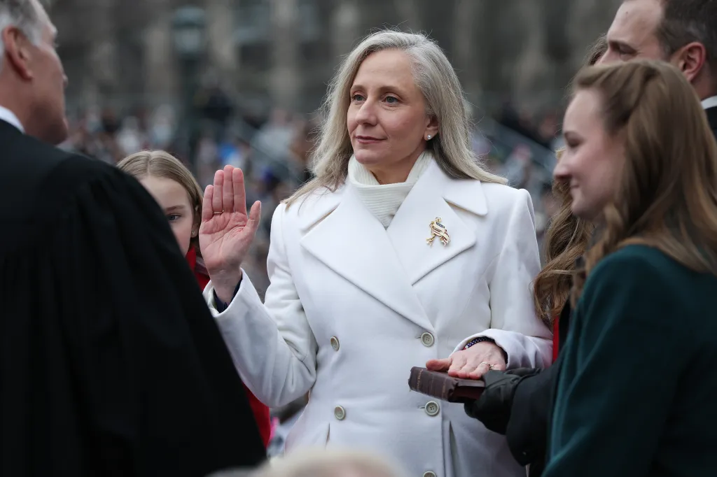 Abigail Spanberger is sworn into office at the Virginia State Capitol January 17, 2026 in Richmond, Virginia. 