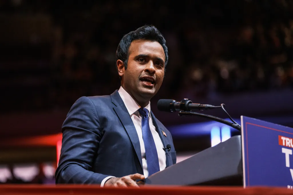 Vivek Ramaswamy speaking at a rally.