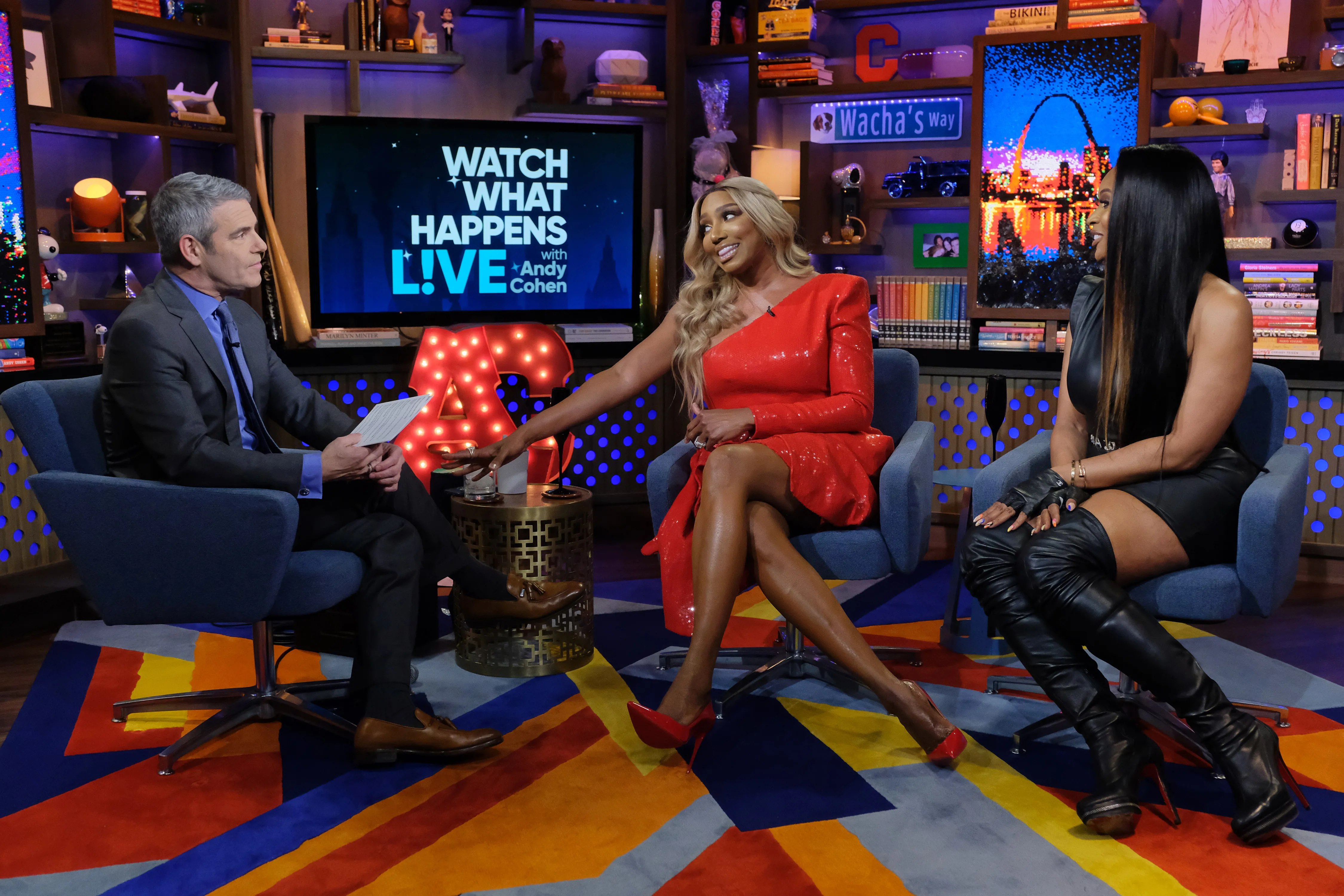 Andy Cohen, Nene Leakes, and Marlo Hampton on the set of Watch What Happens Live with Andy Cohen.