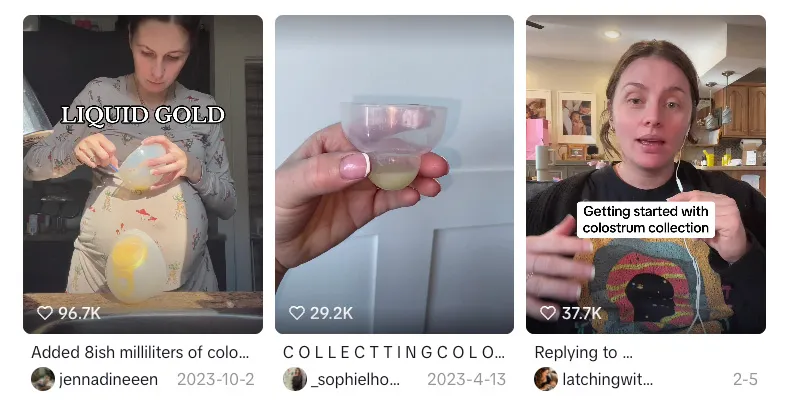 Collage of three TikTok screenshots demonstrating colostrum harvesting.