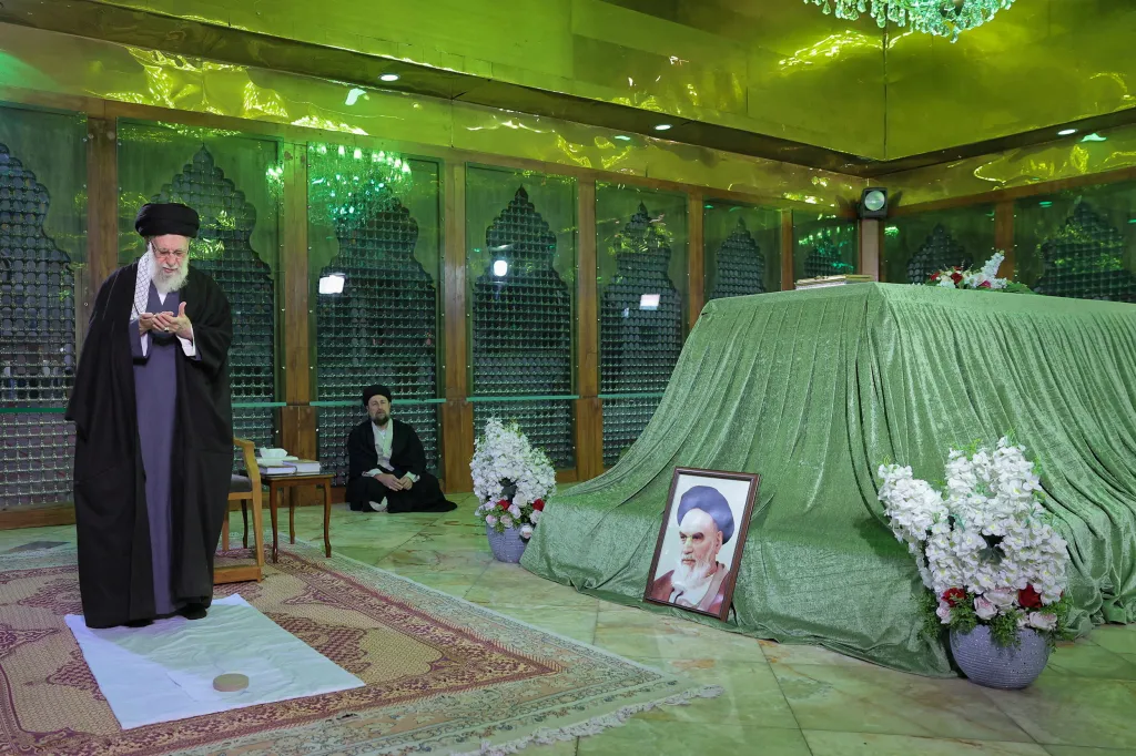 Iran's Supreme Leader Ayatollah Ali Khamenei and Hassan Khomeini visit the shrine of Ayatollah Ruhollah Khomeini.