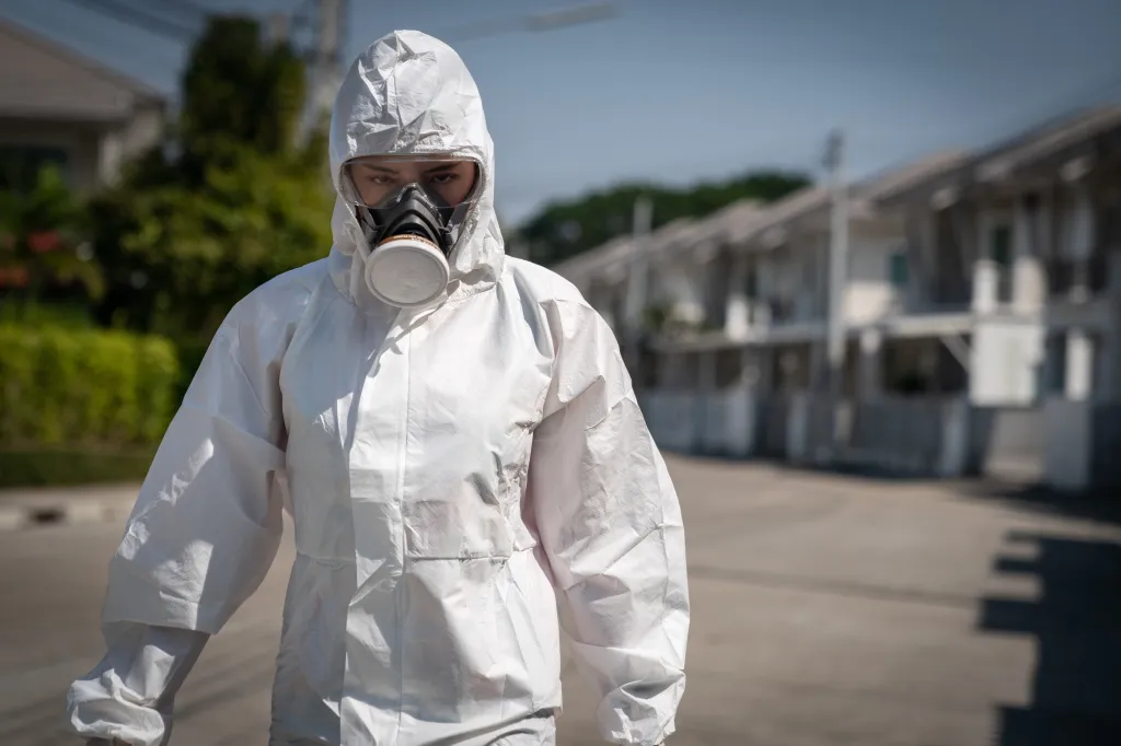 Woman wearing a white biohazard suit, goggles, and a full-face respirator mask.
