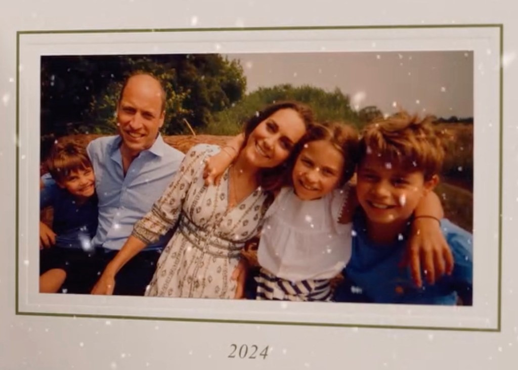 A photo of Prince William, Kate Middleton, and their three children smiling.