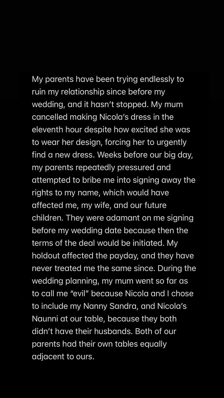 Text from Brooklyn Beckham accusing his parents of trying to ruin his relationship and wedding.