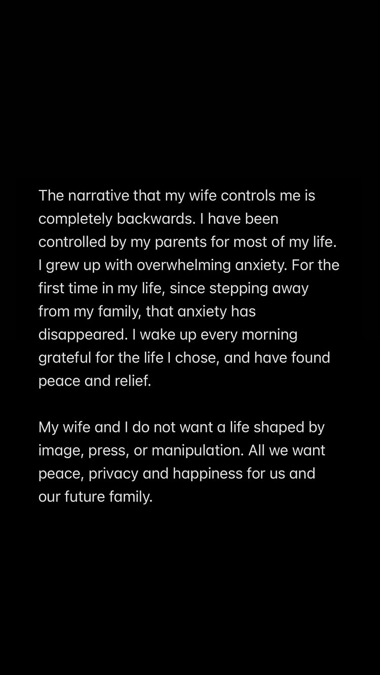 Text from Brooklyn Beckham about his anxiety and seeking peace and privacy.