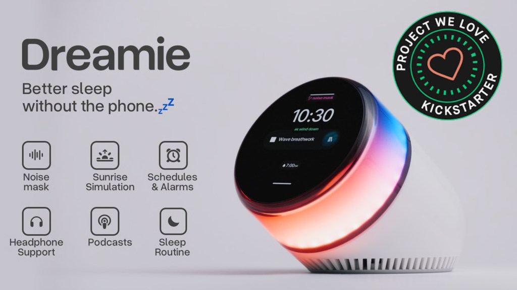 Dreamie sleep aid device with features like noise mask, sunrise simulation, alarms, headphone support, podcasts, and sleep routine.