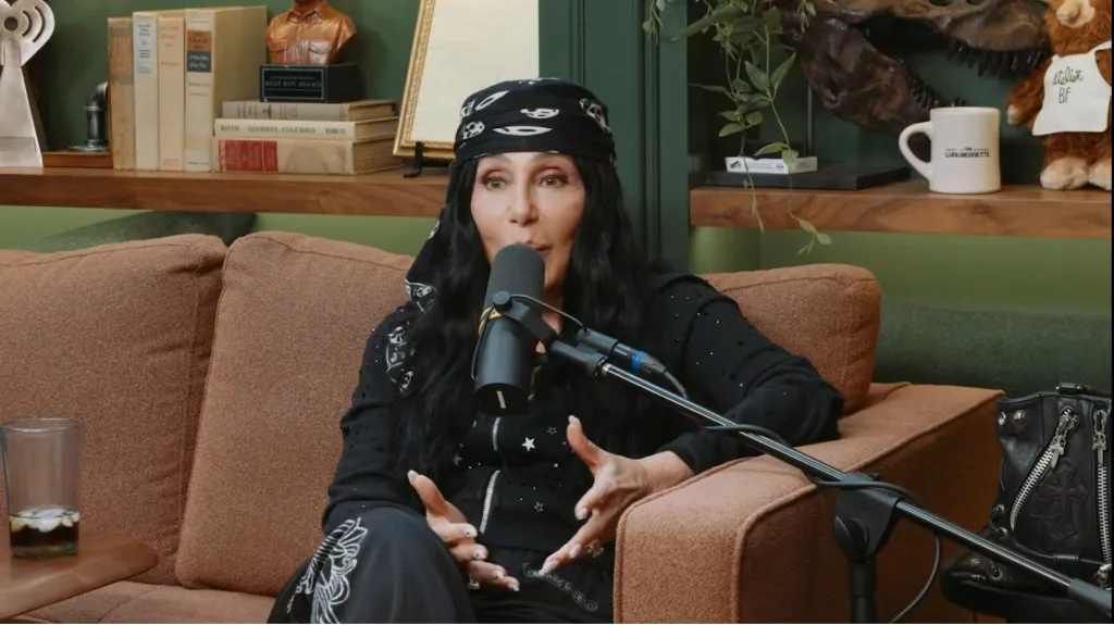 Cher speaking into a microphone.