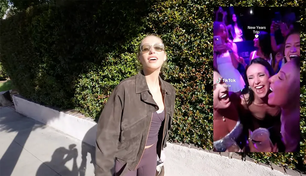 Collage of Alix Earle in sunglasses outdoors and a TikTok video of her with friends at a New Year's party.