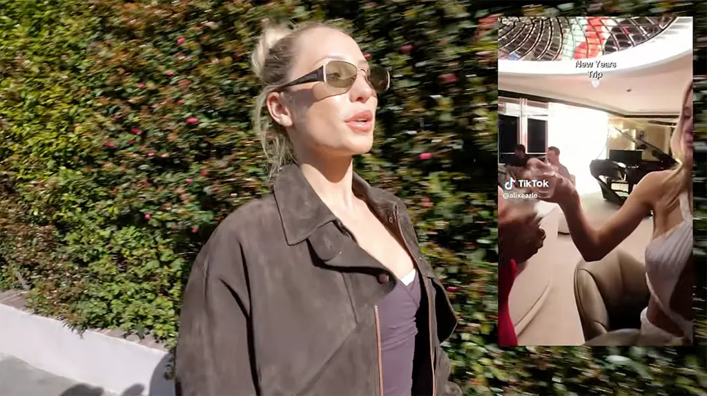 Collage of Alix Earle outdoors in sunglasses and a TikTok video of her at a 