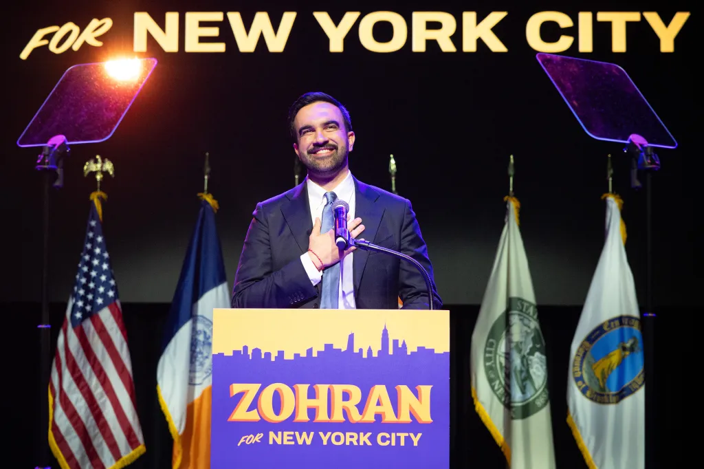 Zohran Mamdani speaking at his New York City Mayoral election night watch party.
