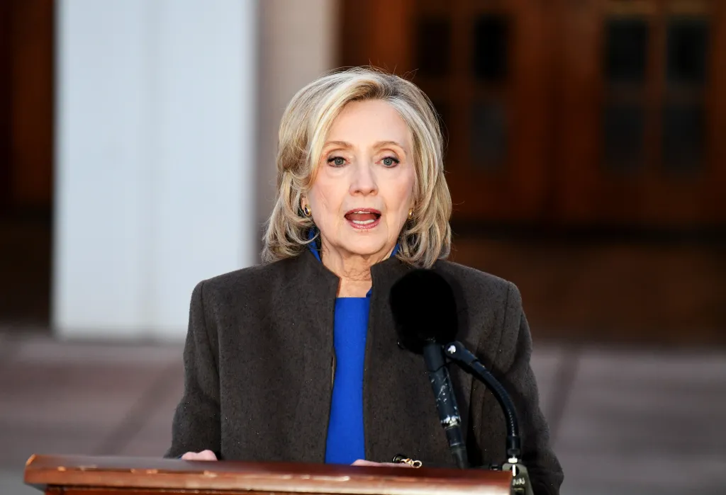 Former Secretary of State Hillary Clinton speaks outside the Chappaqua Performaning Arts Center after her deposition about her and her husband's involvement with Jeffrey Epstein on Feb. 26, 2026.