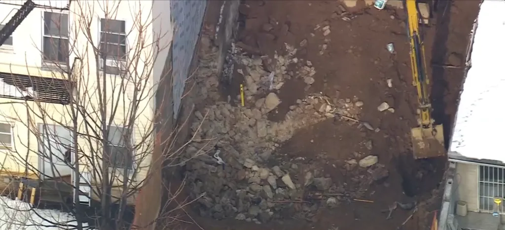 Overhead view of a trench collapse at a NYC construction site.