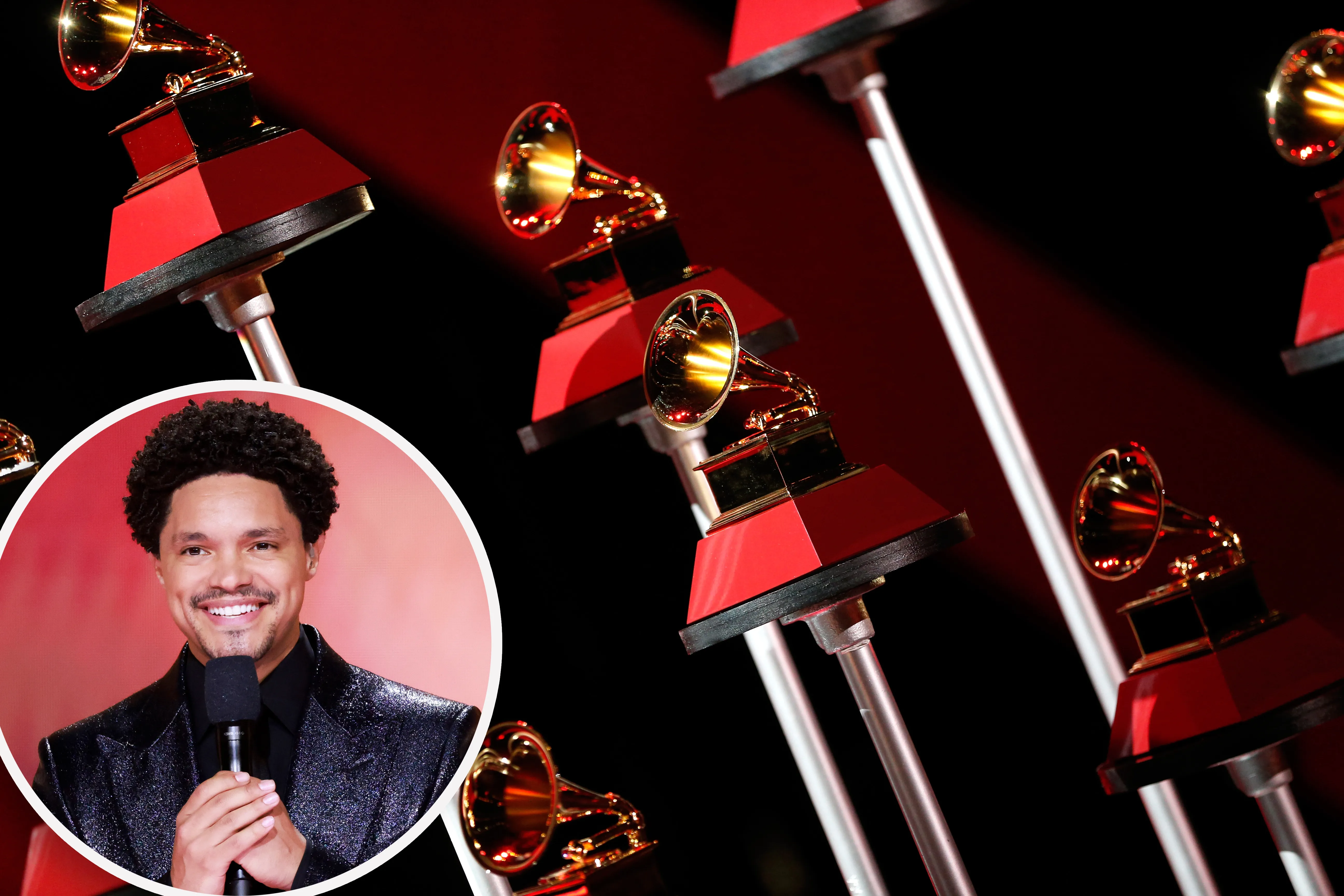 A series of Grammy Award trophies with an Trevor Noah