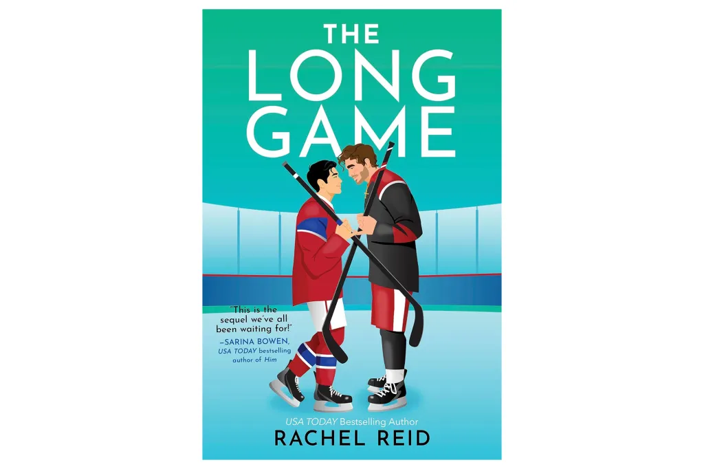 Illustration of two male hockey players on a rink, facing each other with hockey sticks.