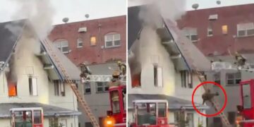 Harrowing moment firefighter plummets from roof of $2.3 million LA home