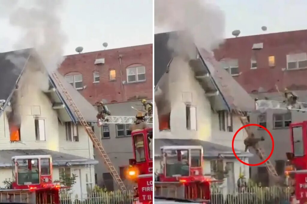 Harrowing moment firefighter plummets from roof of $2.3 million LA home