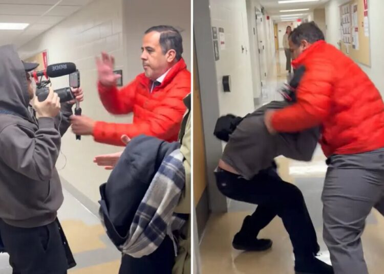 Ohio State professor Luke Perez suspended after allegedly attacking cameraman who was trying to interview ex-university president