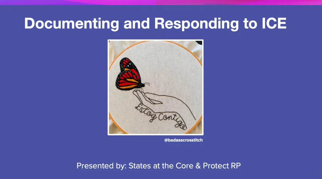 An embroidery hoop with a monarch butterfly landing on an outlined hand, with the words 