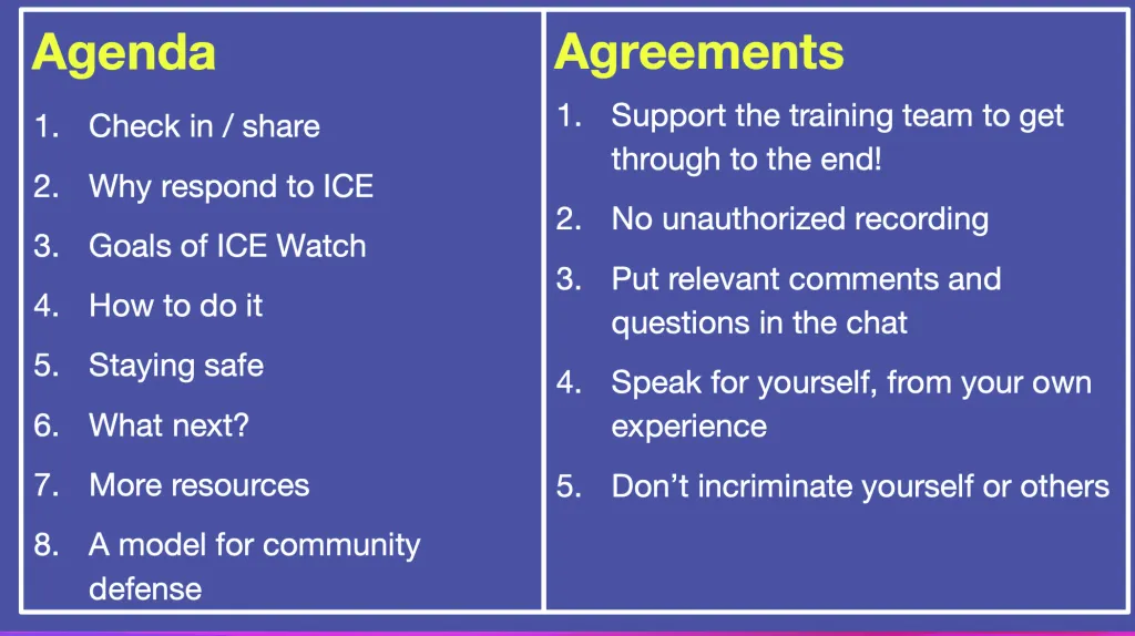 Agenda and agreements for a training session.