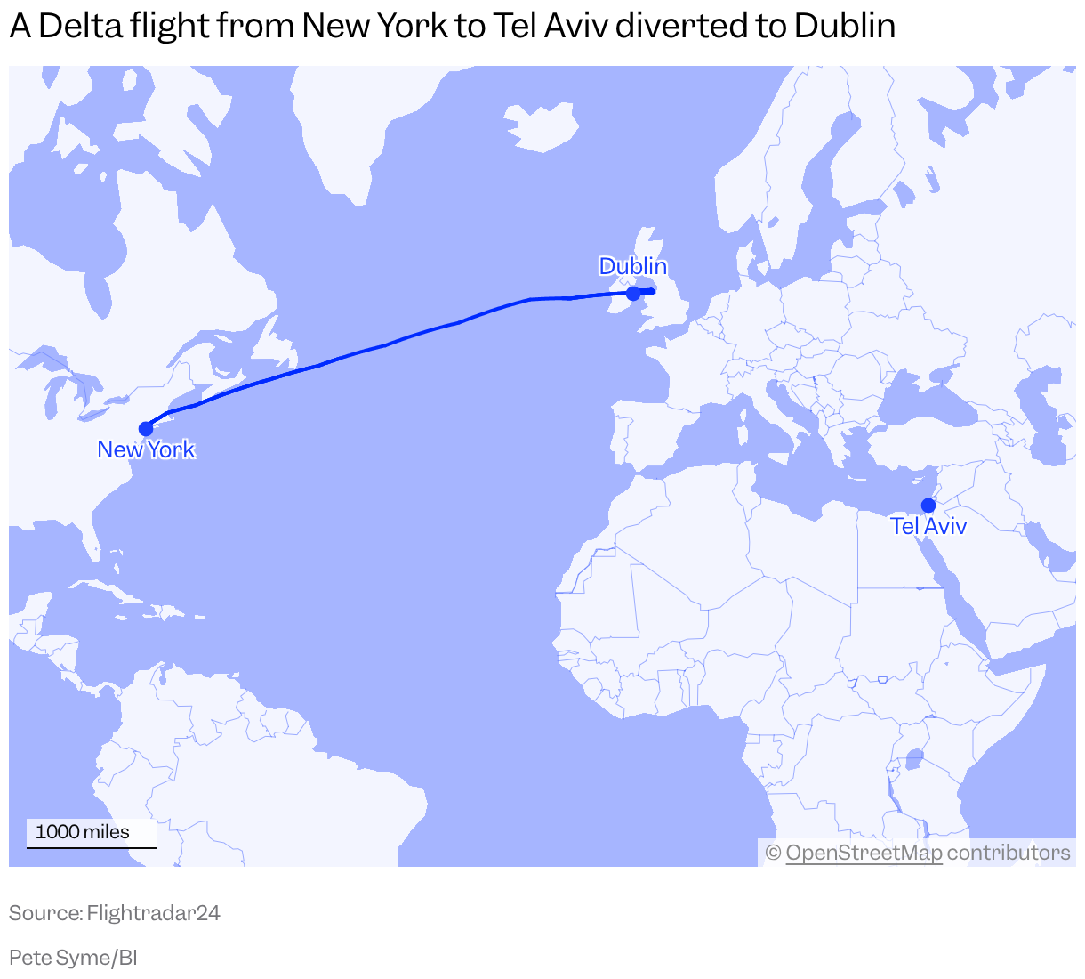 A map of the northern hemisphere shows the flight path of Delta Air Lines Flight 234 from New York then diverting to Dublin.