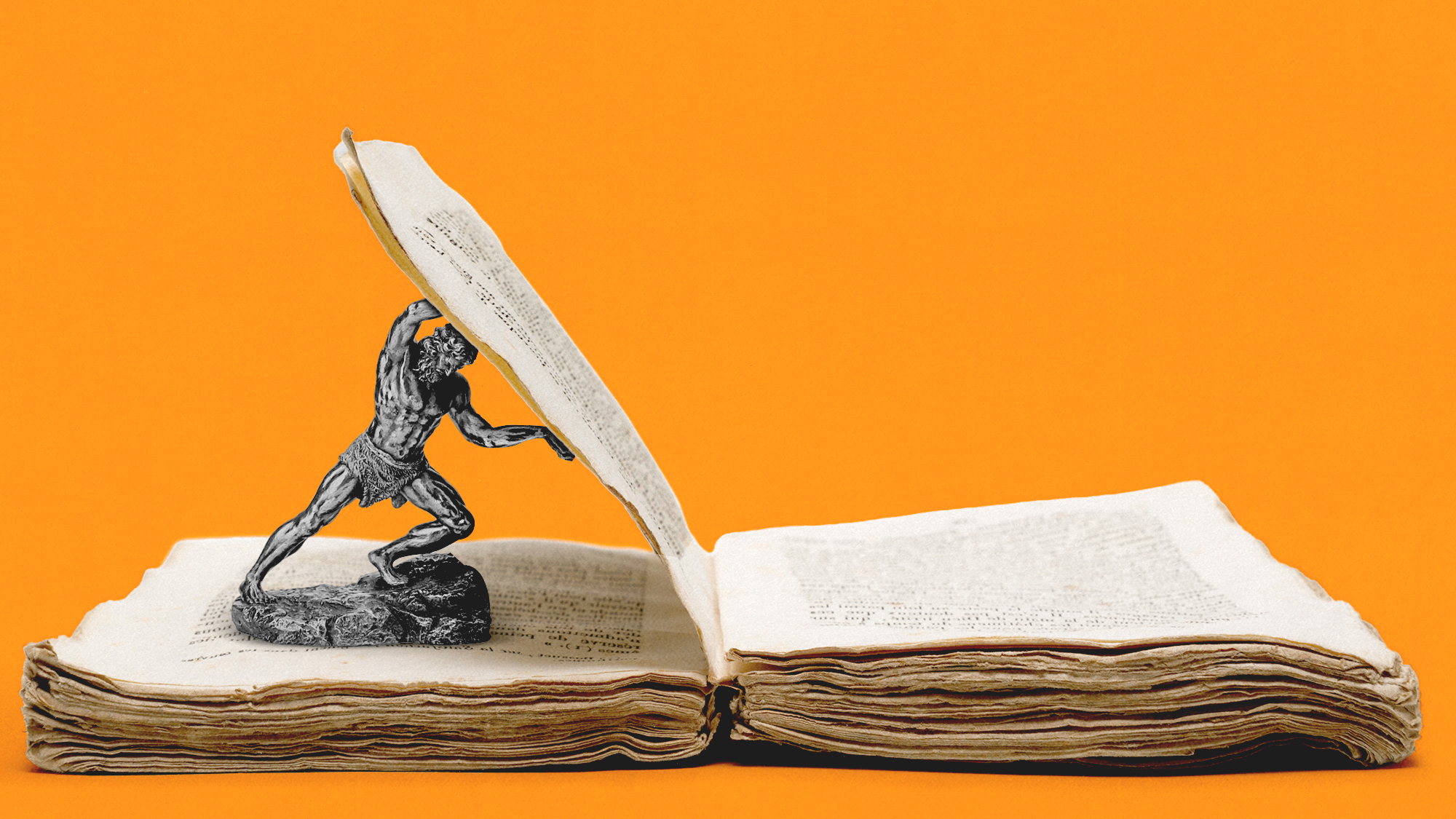 A miniature statue of a muscular man standing on an old tattered book, lifting a page as if struggling, with an orange backdrop