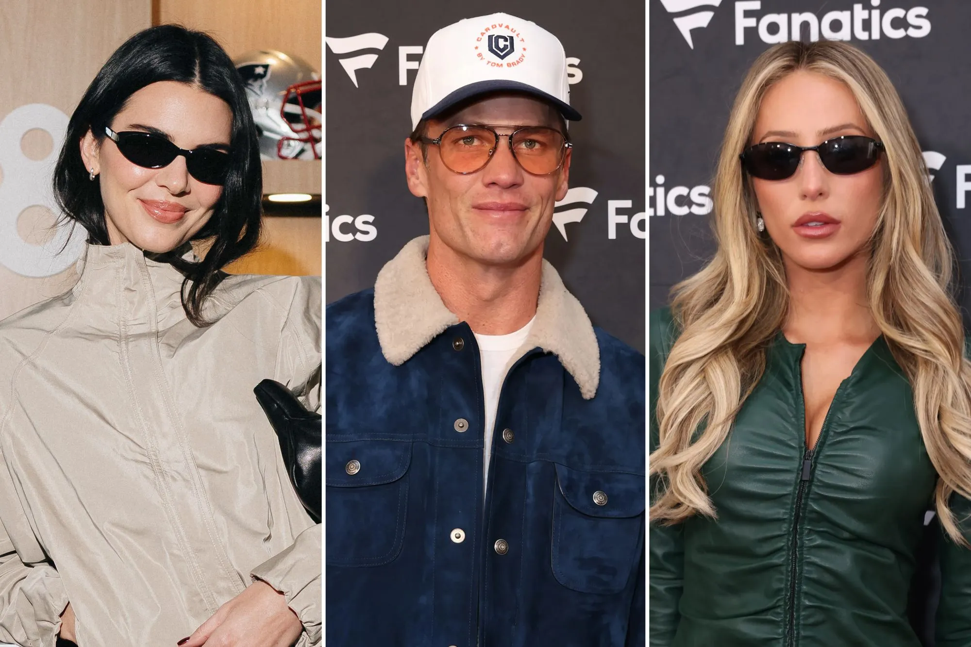 An image collage containing 3 images, Image 1 shows Kendall Jenner at an 818 Tequila bar, Image 2 shows Tom Brady attends the 2026 Fanatics Super Bowl Party, Image 3 shows Alix Earle in a green leather top and black skirt with sunglasses, attending the 2026 Fanatics Super Bowl Party