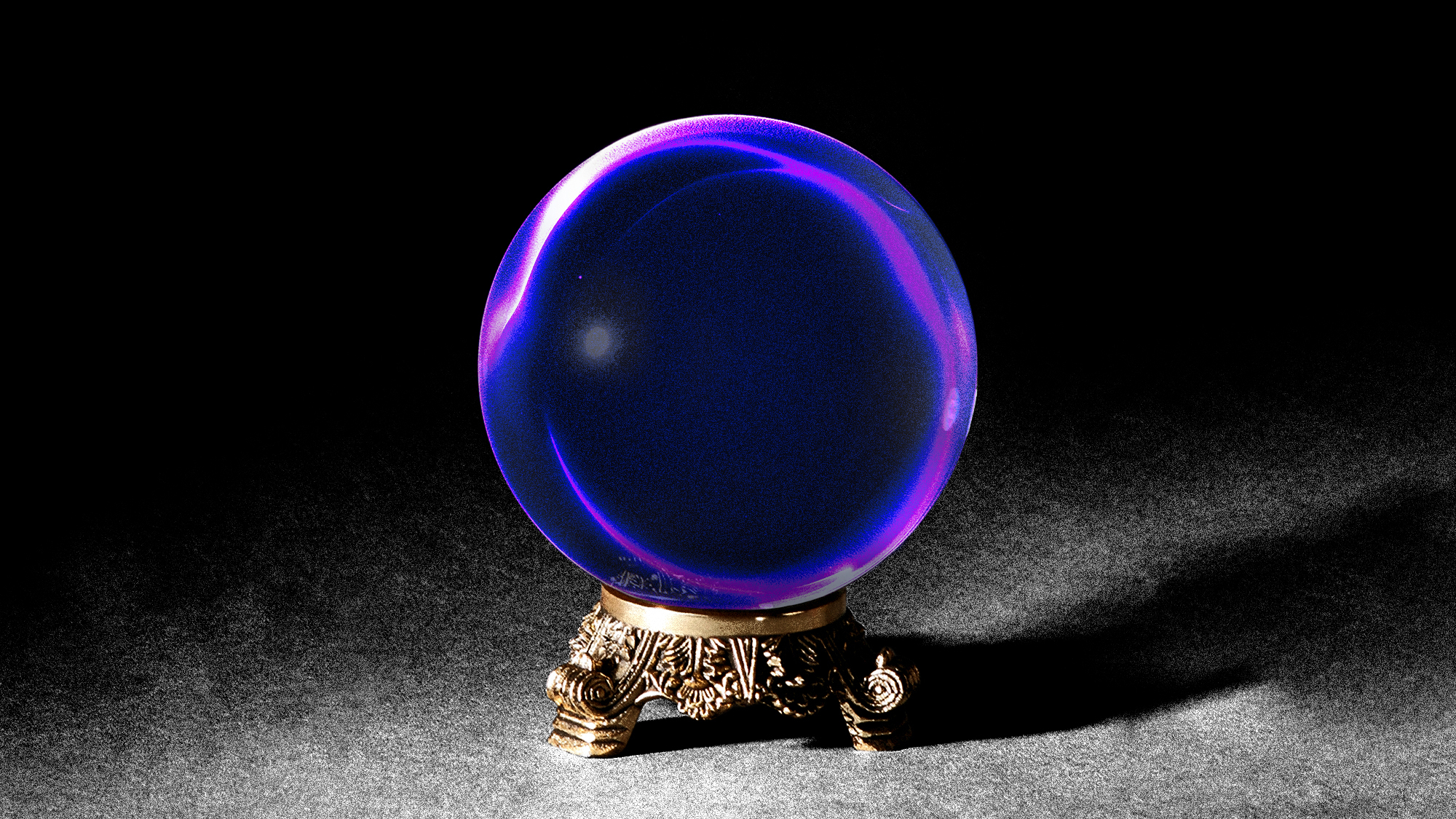 Image of a crystal ball on a stand, filled with black and swirling purple.