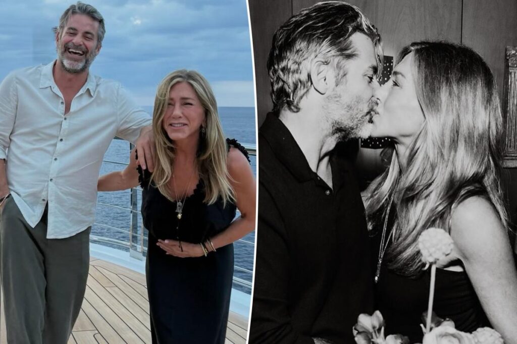Jennifer Aniston and boyfriend Jim Curtis share an intimate kiss in his 57th birthday tribute to her