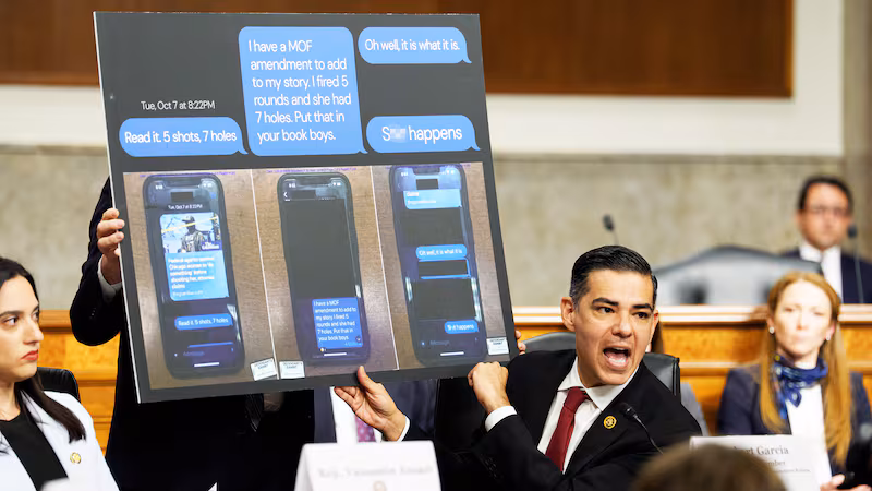 Rep. Robert Garcia (D-CA) displays text messages from Immigration and Customs Enforcement (ICE) agents after Marimar Martinez was shot 5 times, during a public forum on the violent use of force by Department of Homeland Security (DHS) agents, at the Dirksen Senate Office Building on Capitol Hill on February 03, 2026 in Washington, DC. The forum, hosted by Democratic lawmakers, is hearing testimony from Brent and Luke Granger, whose sister Renee Good, was shot and killed by ICE agents in Minneapolis and Marimar Martinez, who survived after being shot by CBP agents in Chicago.