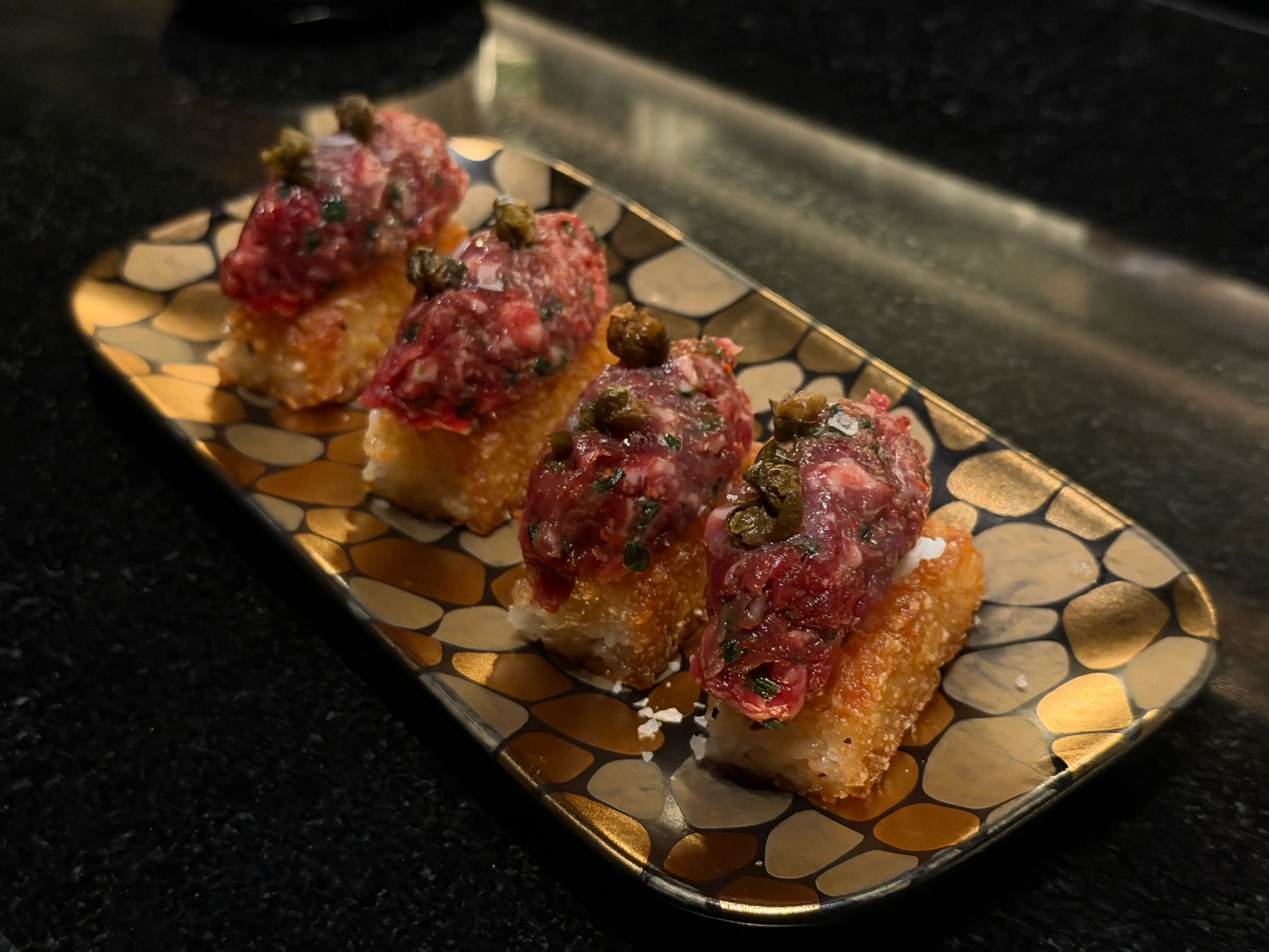 Wagyu crispy rice appetizer at Bad Bunny's Gekko restaurant in Miami