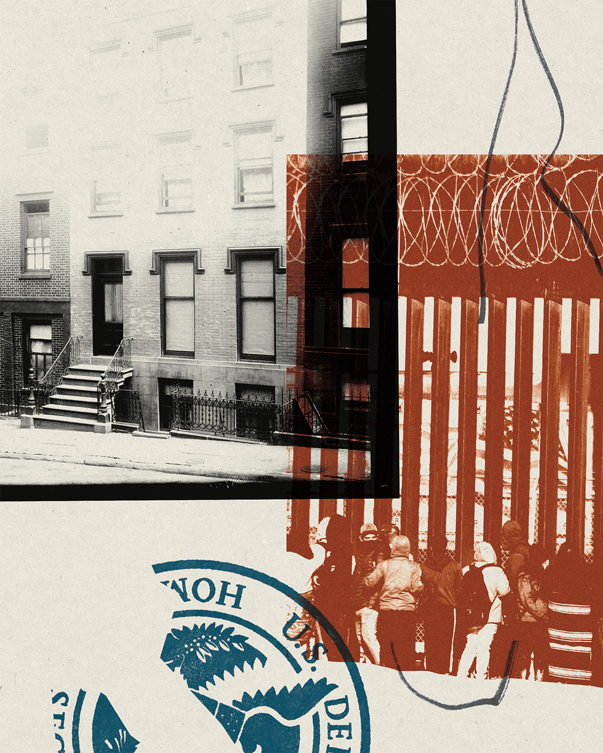 Collage-style illustration with a black-and-white photo of brick row house, a halftone photo of people at a tall border wall with slats and barbed wire, and parts of the U.S. DHS seal, on a beige background.